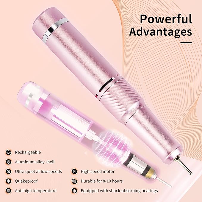 Cordless Electric Nail Drill Professional, Rechargeable Nail File Machine for Acrylic Nails & Gel Polish, Portable Manicure & Salon Nail Kit for Home Use (Pink)