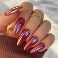 Chrome Press On Nails Almond, Glazed Cherry Red Glue on Nails Medium Press Ons, Acrylic Natural Fit Stick on Nails in 12 Sizes - 24Pcs Fake Nail Kit for Women Daily & Party Wear