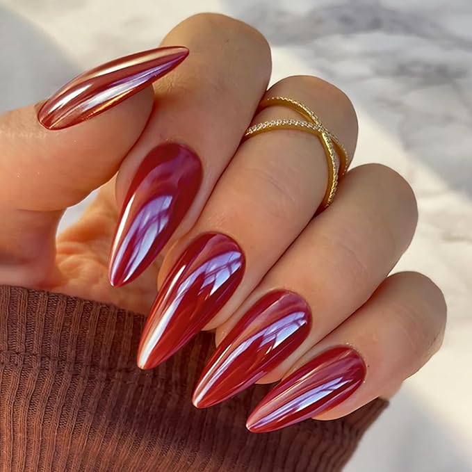 Chrome Press On Nails Almond, Glazed Cherry Red Glue on Nails Medium Press Ons, Acrylic Natural Fit Stick on Nails in 12 Sizes - 24Pcs Fake Nail Kit for Women Daily & Party Wear
