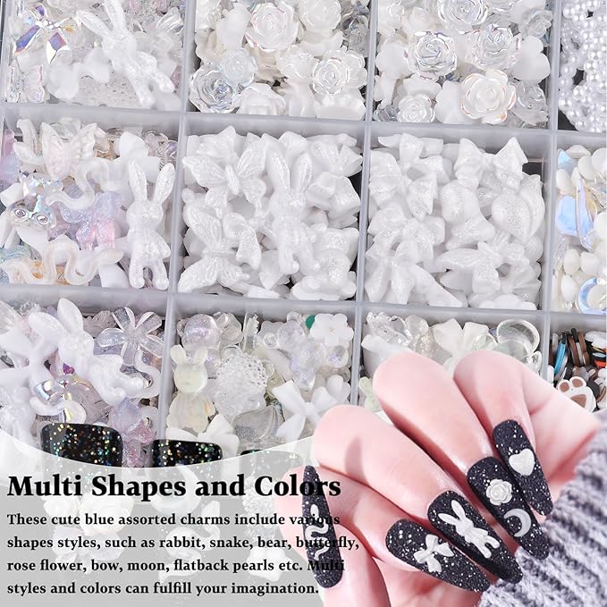 850 Pieces 3D Butterfly Rose Flower Bow Rabbit Bear Nail Charms Kit with Nail Art Rhinestones Pearls Crystal Gems Nail Slices for Manicure DIY Crafts Jewelry Accessories (White)