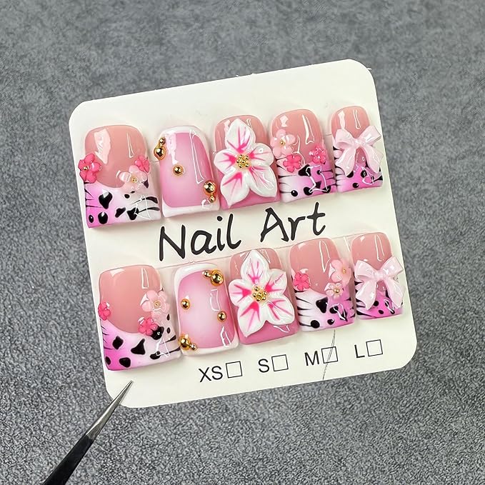 10Pcs Cute Leopard French Tip Press on Nails Handmade Fake Nails with 3D Flower Bow Design Short Duck False Nail Handmade Acrylic Nails Press ons Reusable Pink Flower Stick on Nails for Women (M)