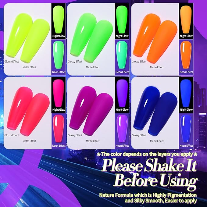 Born Pretty Neon Gel Nail Polish Set 6 Colors Spring Summer Luminous Glow in Dark Gel Polish Fluorescent Orange Hot Pink Blue Yellow Green Purple Gel Nail Polish Set 7ML