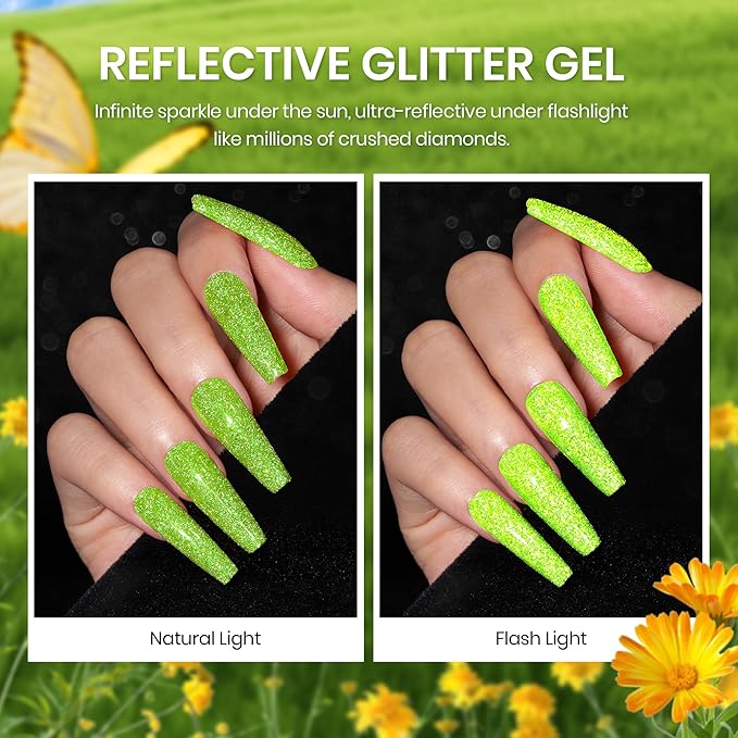 Beetles Green Gel Nail Polish Set - 6 Colors Cat Eye Sparkle Glitter Yellow Flash Lime Starter Kit with Magnet UV LED Needed Spring Summer St Patricks Gifts for Women DIY at Home Salon