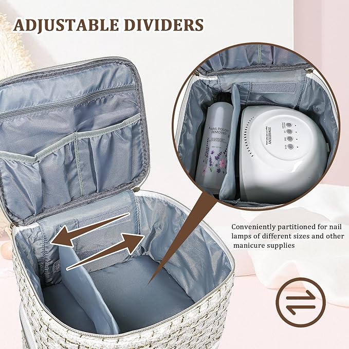 JEWHITENY Nail Polish Organizer Bag Holds 30 Bottles & Nail Lamp,Double-Layer Nail Polish Storage Bag with Adjustable Dividers,Portable Nail Kit Bag For Nail Stuff & Manicure Tools (White)