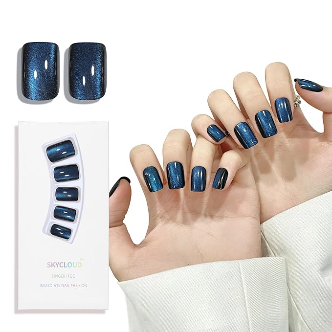 Navy Blue Cat Eyes Press On Nails,12 Sizes - 24 Pcs Soft Gel Navy Blue Medium Square Fake Nails Kit with Nail Glue, Natural Reusable Stick On False Nails for Women and Girls (Skycloud Nails) SK0928