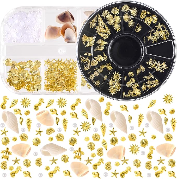 2 Disc Ocean Nail Art Charms, 3D Alloy Nail Art Decals, Beach Starfish Seashell Handmade Supplies for Women DIY Craft Jewelry Manicure Embellishments- Gold & White