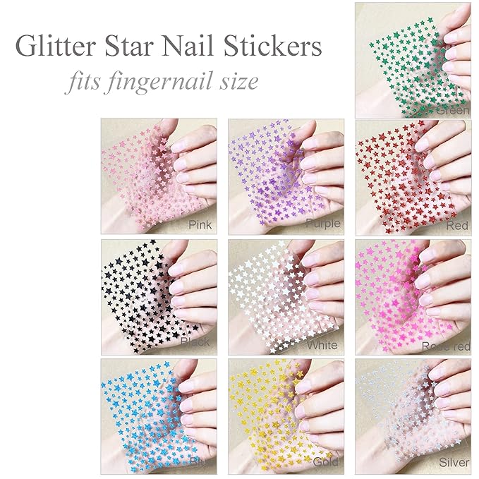 10 Sheets Glitter Star Nail Stickers for Women Girls Kids Nail Decoration 3D Self Adhesive Shinning Nail Decals for Fingernails and Acrylic Nails Design (Glitter Star)