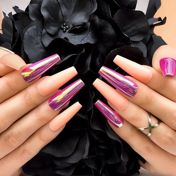 Hypnaughty 24 Pcs Raspberry Golden Chrome & Peach Extra Long Coffin Press On Nails and Glue Reflective Mirror XL False Nails (Raspberry Golden Chrome & Peach)