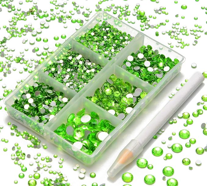 AD Beads 4300 Pieces Flat Back Nail Art Rhinestones Round Beads 6 Sizes (2-6.5mm) with Storage Organizer Box,Rhinestones Picking Pen for Nail Art Phone Decorations Crafts DIY (Peridot)