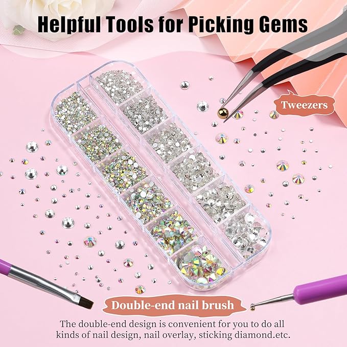 2500Pcs Clear AB Rhinestones for Bedazzling Kit, 1.5/2/2.5/3/4.5/6mm Mix Sizes Bedazzling Resin Gems Flatback Crystal Rhinestones with Pickup Tools for Manicure Crafts DIY (5-K1-glass-rhinestones)