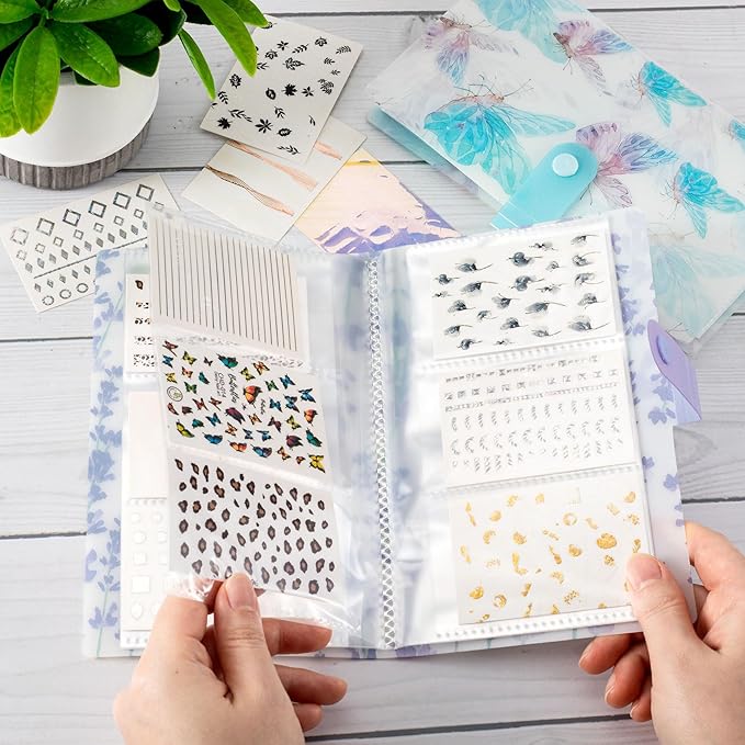 2PCS 240 Slots Flower Butterfly Nail Art Sticker Storage Books Purple Blue Wisteria Organizer Binders Transparent Collecting Album Photo DIY for Notebooks Diary Journal Planner