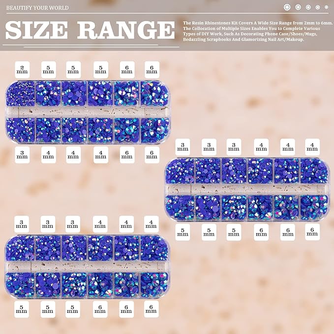 5000PCS Resin Rhinestones with Tweezers for Crafting, 2/3/4/5/6mm Flatback Jelly Rhinestones, 3 Box Dark Blue AB Non Hotfix Crystal Gems for DIY Crafts Mugs Tumblers Clothes Makeup Nail