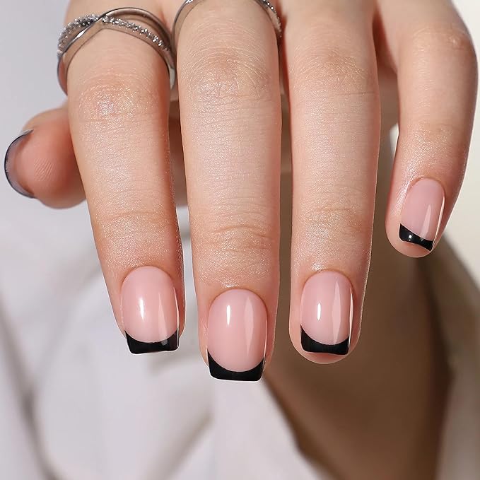 Press On Nails - Eclipse | Black French Tip, UV Finish Short Square Nails, Reusable | 32 Nails, 16 Sizes Kit with Glue and Adhesive Tabs I Female Founded