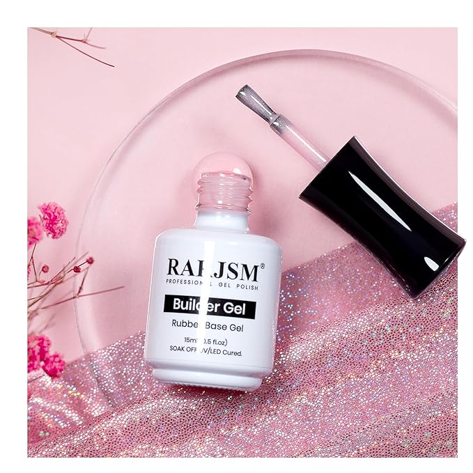 RARJSM Glitter Rubber Base Gel Nail Polish Nude Pale Pink Gold Shimmer Rubber Base for Nails Brush on Quick Extend Builder Hard Gel Soak Off Curing Requires 15ml Salon Home French Manicure