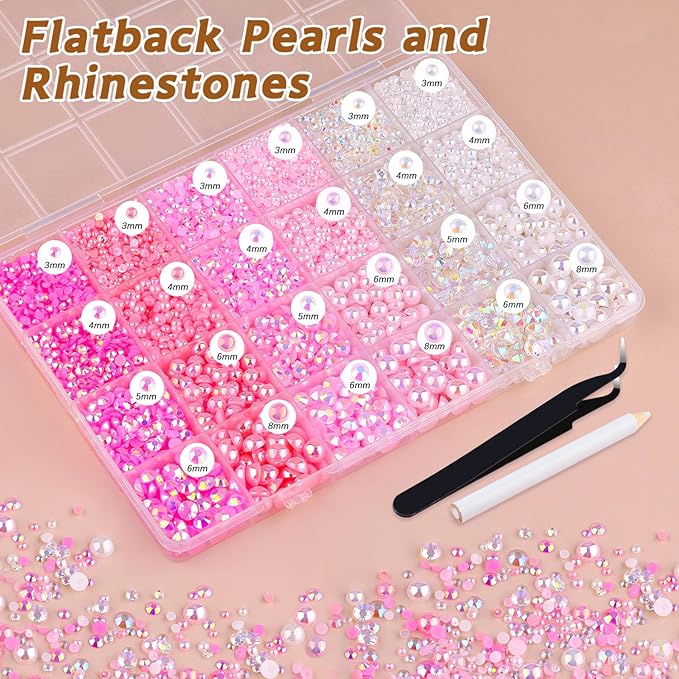 14000PCS Flatback Pearls and Pink Rhinestones for Bedazzling Kit, Pink White Mixed Size 3-8mm Resin Rhinestones and Half Pearls Gems for Crafting, Nail Art and Grad Cap Decoration