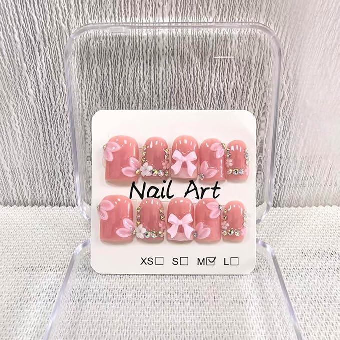 Square Short Press on Nails Handmade Fake Nails Pink French Tip with 3D Bow Designs luxury Rhinestones Glossy Cute Acrylic Nails for Women 10pcs (Size M）