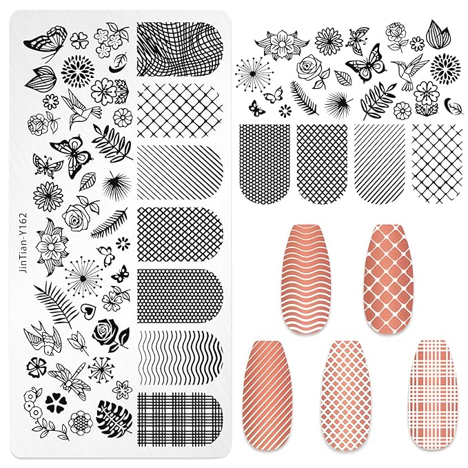 7pc Nail Stamping Plate Kit Butterfly Flower Heart Nails Stamp Plate Animal Nail Art Template Stencil Fingernail Polish Stamps Plates Set Silicone Stamper Scraper French Tips Nails Design Tools
