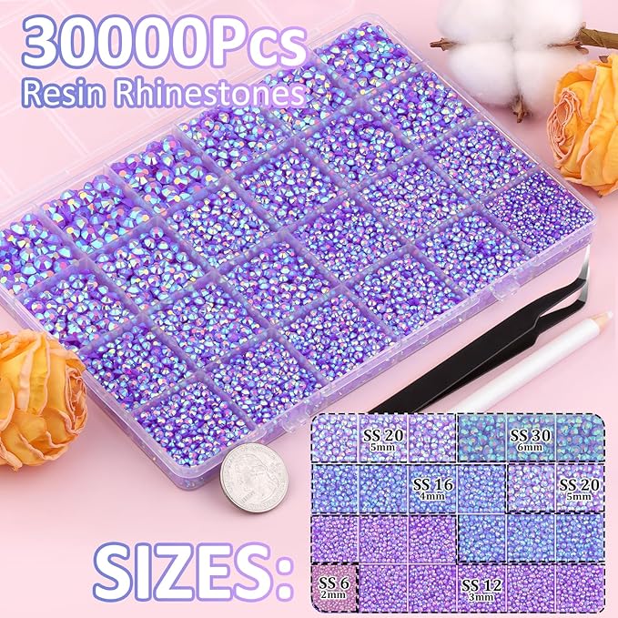 30000Pcs Dark Purple AB Rhinestones for Bedazzling with B7000 Jewelry Glue, Bedazzler Kit Flatback Gems, Resin Rhinestones for Crafting Crafts Clothing Shoes Fabric Nail Art Assorted Size 2/3/4/5/6mm
