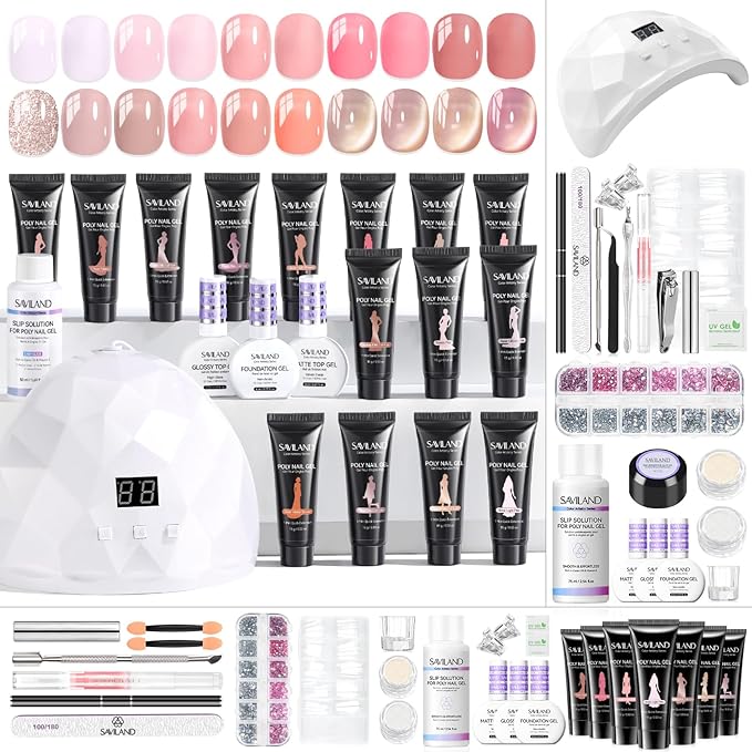 SAVILAND All-in-1 Poly Extension Gel Nail Kit: 15 Colors Poly Gel Nail Kit for 28 Days Long-Lasting, Pink Peach Cat Eye with Slip Solution U V Light for Quick Nail Extensions Home Salon Daily Art DIY