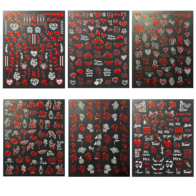 Valentine's Day Nail Art Stickers - Laser Red White Heart Nail Decals, Self-Adhesive Sexy Kiss Heart for DIY 3D Nail Supplies Decoration (6 Sheets)