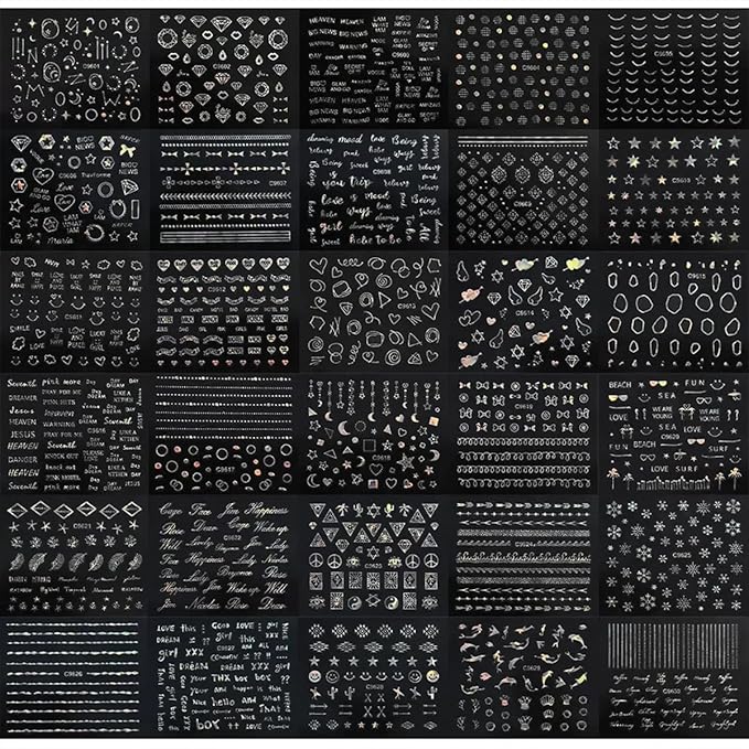 Silver Nail Charms Nail Art Kit with 30 Sheets Silver Nail Stickers, 5 Boxes of Nail Gems Nail Art Tools Nail Rhinestones for Nails, Nail Supplies 3D Nail Charms and Gems Nail Decals Nail Pearls