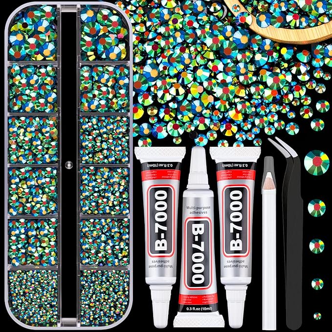 Resin Jelly Rhinestones for Crafting with B7000 Jewelry Glue, 1 Box Emerald Black Flatback Crystal with 3Pcs 10ml Glue, Bedazzling Non Hotfix Gems for DIY Tumblers Clothing Shoes Manicure