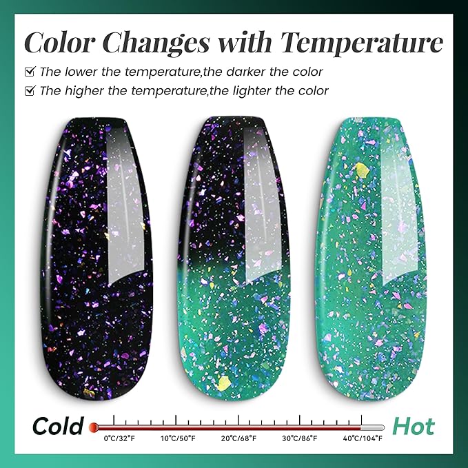 YTD Likomey Brocade Glitter Color Changing Gel Nail Polish,15ml Bright Green To Dark Green Shimmer Mood Temperature Change Colors,Fall Winter Ombre Thermal UV Nail Gel,WB349