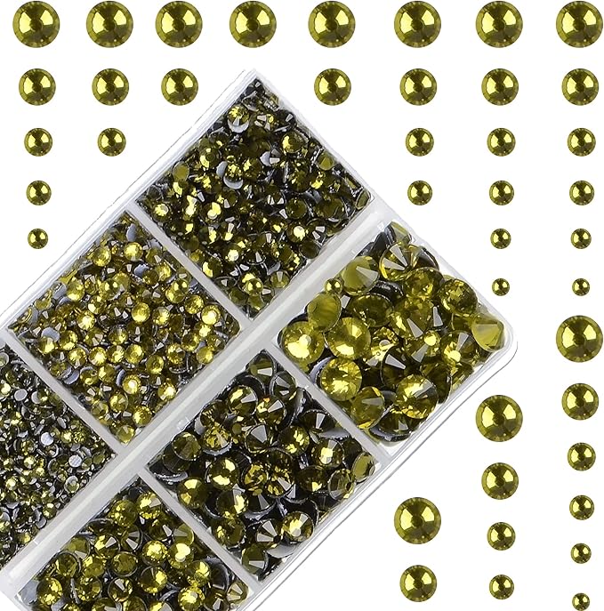 4000Pcs Mixed Size Hot Fix Round Crystals Gems Glass Stones Hotfix Flat Back Rhinestones (Olivine)