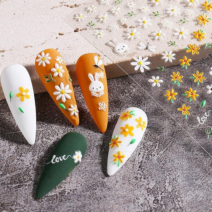 TailaiMei Flower Nail Art Stickers, 5D Embossed Colorful Spring Daisy Nail Decals, Self-Adhesive Design for DIY Decoration (3 Sheets)