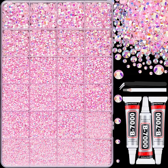 30000Pcs Resin Jelly Rhinestones with Tweezers for Crafting, Light Pink AB Flatback Gems, Bedazzling Crystal with 3Pcs 10ml B7000 Jewelry Glue for DIY Crafts Clothing Tumblers Shoes Fabric Nail Art