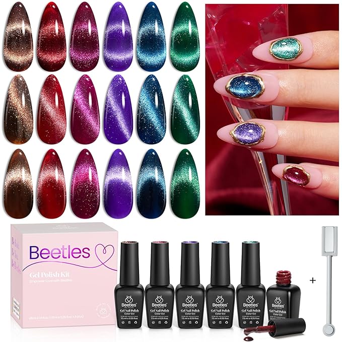 Beetles Cat Eye Gel Nail Polish Set, 6 Colors Glitter Gel Polish Kit Red Pink Shiny Brown Burgundy Purple Blue Green Magnetic Effect Sparkle Stunning Soak Off UV Manicure Gifts for Women