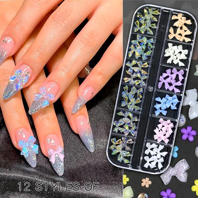 HNUIX Nail Charms - Nail Rhinestones Kit with 6 Boxes of Nail Gems, 3D Charms for Nails, Colorful Clear Flatback Gems, Pearls,Butterfly, Bow, Flowers, Caviar Beads, Multi Shape Crystals for Craft