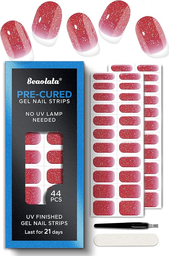 Real Gel Nail Strips (No UV Light Needed) - 44Pcs Salon Quality Nail Stickers - Long Lasting Polish Wraps for Women, Easy Apply & Remove (Pink Glimmer Pop)