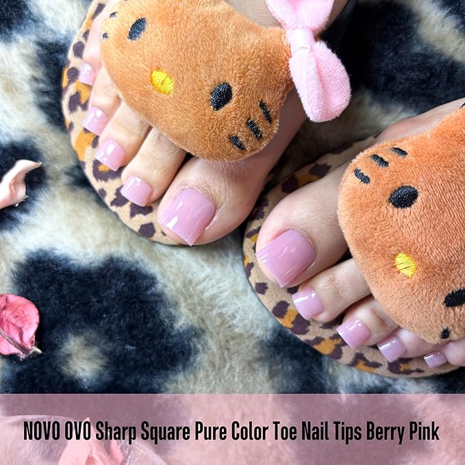 NOVO OVO Berry Pink Square Toe Nail Tips - 240Pcs Soft Gel Press on Toenails, Pure Color Full Cover Fake Nails for Pedicure, PMMA Acrylic False Toe Nails Extension Kit (15 Sizes, Wide Fit)