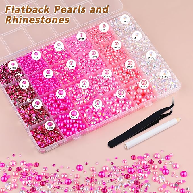 14000PCS Flatback Pearls and Pink Rhinestones for Bedazzling Kit, Hot Pink Mixed Size 3-10mm Resin Rhinestones and Half Pearls for Crafting, Nail Art Crafts Decoration