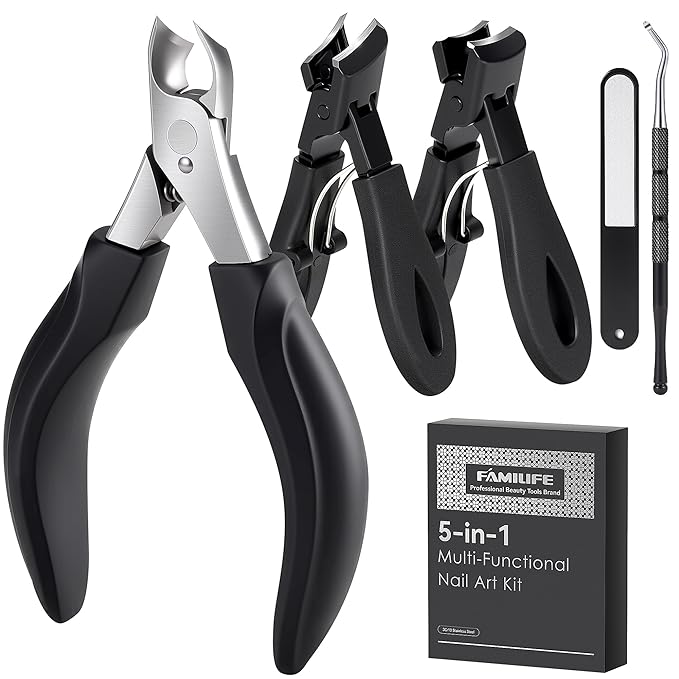 FAMILIFE 5-in-1 Pedicure Kit with Sharp Large Toenail Cutters for Thick Toenails, Heavy Duty Ingrown Toe Nail Clippers Long Handle for Senior Men & Women