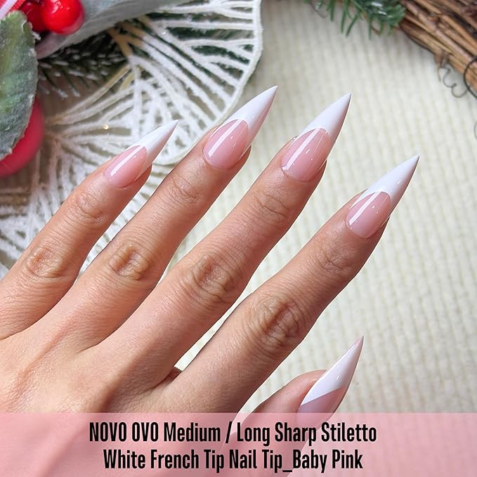 NOVO OVO White French Tip Sharp Stiletto Pointed Medium Long Nail Tips Press on Baby Pink, Soft Gel Fake Acrylic Extension, Full Cover False Nails for Salon DIY x 16 Sizes 160 pcs