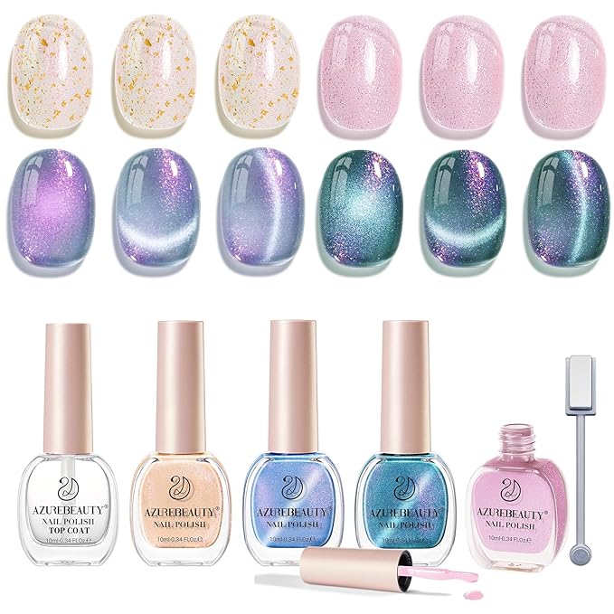 AZUREBEAUTY Magnetic Cat Eye Nail Polish Set – 2 Cat Eye & 2 Glitter Colors with Top Coat, Chrome Shimmer Gel Effect, Quick Dry Long Lasting DIY Nail Kit for Salon Home