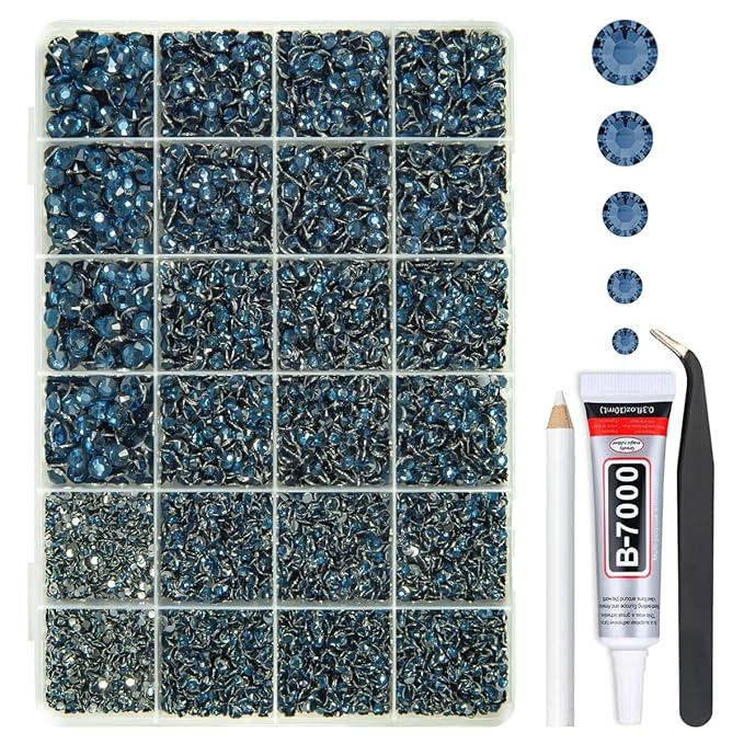Ink Blue Crystal Resin Rhinestones w B7000 Glue for Bedazzling Crafting 2mm-6mm Navy Blue Flatback Stones Diamonds Crystals Gems Bedazzler Kit for Nails Face Eyes Makeup Tumblers Bottles Crafts