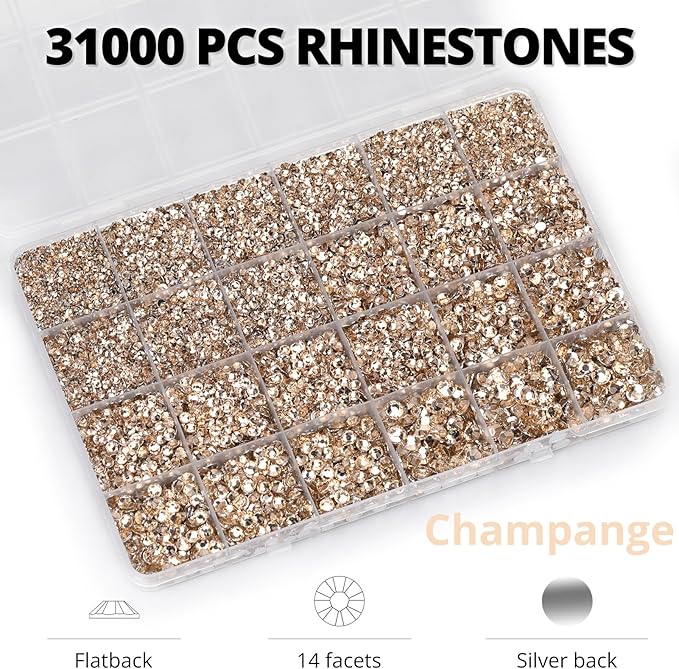 33000Pcs Champagne Rhinestones for Bedazzling, Bedazzler Kit with Flatback Craft Rhinestones Rose Gold Tan Bulk and B7000 Glue, 2,3,4,5,6mm Resin Flat Back Crystals for Craftings, Clothes, Nails