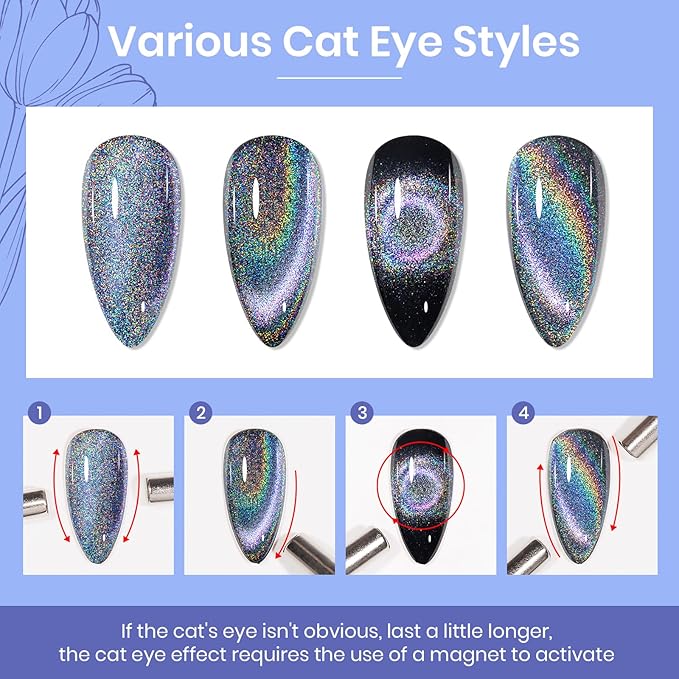 MIZHSE Cat Eye Gel Nail Polish Rainbow Cat Eye Holographic Glitter 9D Cateye Soak Off U V LED Gel Polish for Nail Salon Home DIY Manicure 12ml
