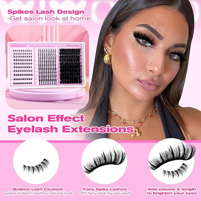 wiwoseo Fluffy Lash Clusters with Spikes Lash Clusters Kit Volume Lash Spikes Cluster Eyelash Extensions Kit 200D Fluffy Eyelash Clusters Spiky Bottom Cluster Lashes Clusters with Lash Bond and Seal