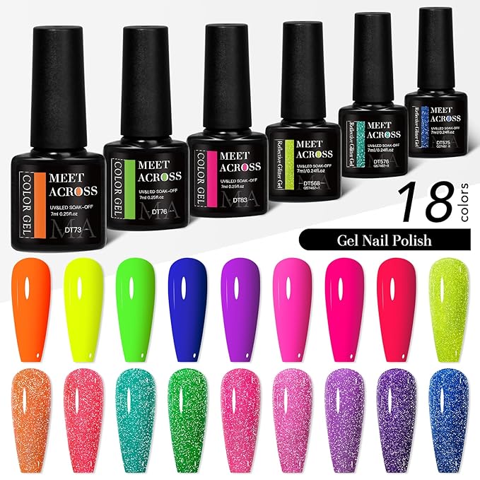 MEET ACROSS 18 Colors Gel Nail Polish Set Neon Gel Polish + Reflective Glitter Neon Gel Nail Polish Hot Pink Purple Green Soak Off UV/LED Nail Polish Kit for Party Nails