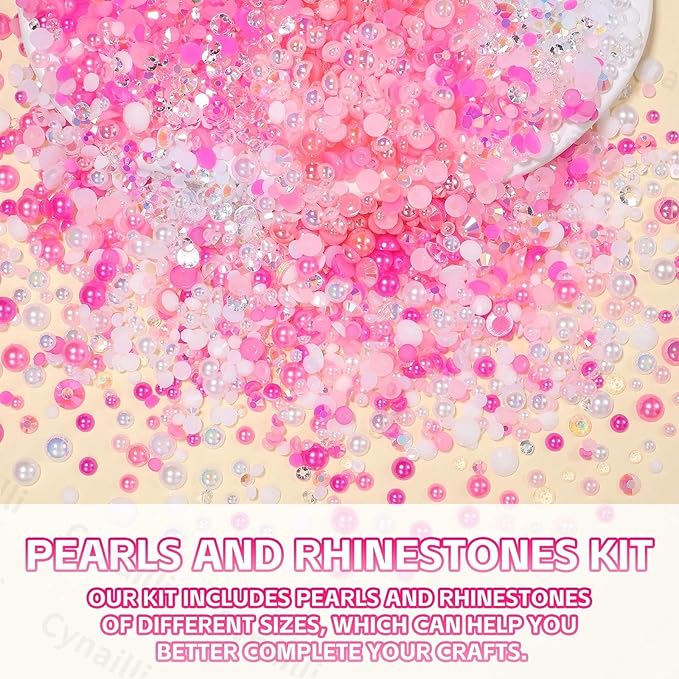 15 Grids Pearls and Resin Rhinestones for Crafting, Pink Colors White Bedazzling Gems Kit, Jelly Resin Rhinestones for Nails Face Eyes Makeup Crafts DIY Tumblers Bottles