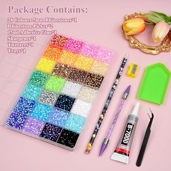 Resin Jelly Rhinestones for Bedazzling, EARLMONI Multi Colord Bedazzler Kit with 15ml B7000 Glue Rhinestone Pen Tool for Clothes Nail Art (28 Colors, 4MM)