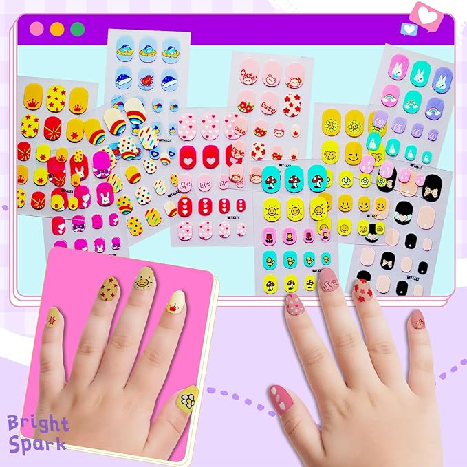 Nail Stickers for Kids, 10 Sheets Self-Adhesive Nail Wrap Strips for Little Girls, Toddler Age 8 and Older, Fun DIY Nail Art