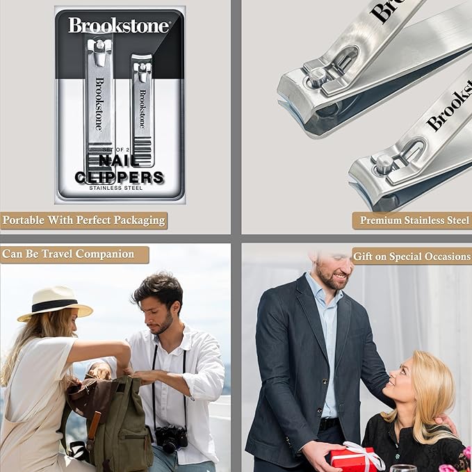 Brookstone Nail Clippers for Men and Women - Premium Stainless Steel Nail Clipper and Nail Cutter, Precision Grooming Set Includes Two Nail Clippers and Case