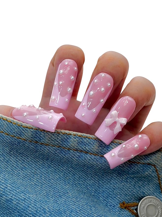 Euphrosyne Long Oval Gold & White Press On Nails – 10pcs Fake Nails with Stars, Hearts & Rhinestones | Festive Stick-On Nails for Christmas, New Year or Party Look