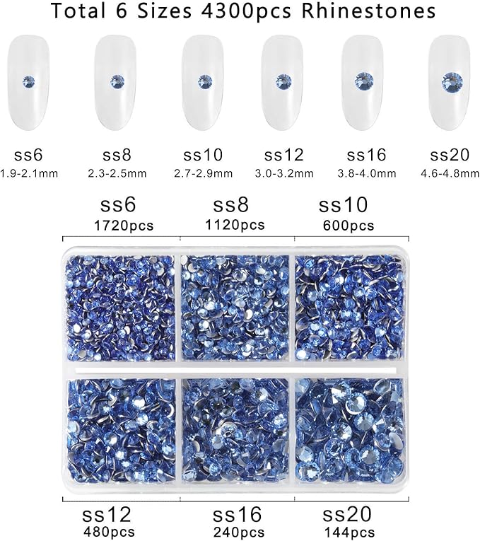 Beadsland 4300pcs Flatback Rhinestones,Light Blue Rhinestone Nail Gems Round Crystal Rhinestones for Crafts,Mixed 6 Sizes with Picking Tweezers and Wax Pencil Kit, SS6-SS20,Light Sapphire