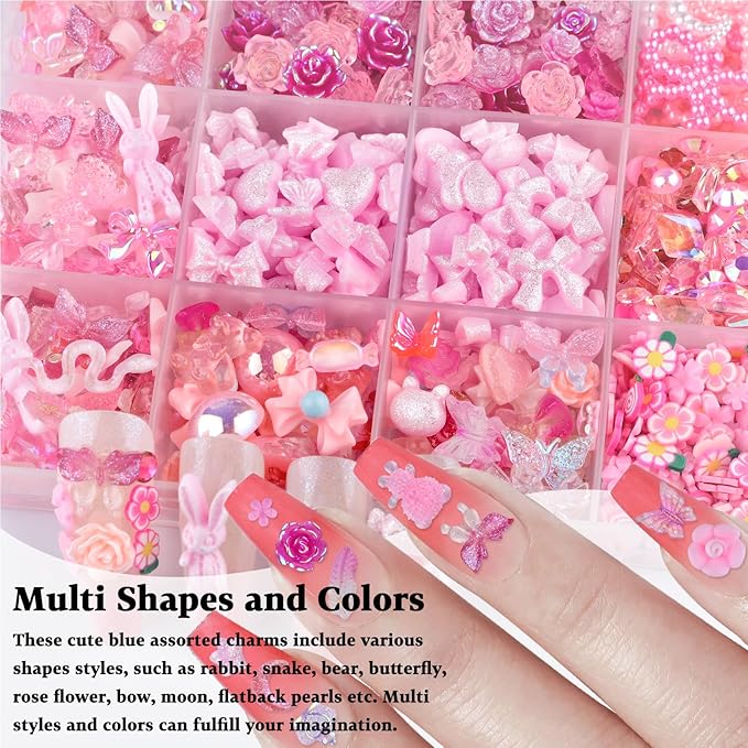 850 Pieces 3D Butterfly Rose Flower Bow Rabbit Bear Nail Charms Kit with Nail Art Rhinestones Pearls Crystal Gems Nail Slices for Manicure DIY Crafts Jewelry Accessories (Pink)